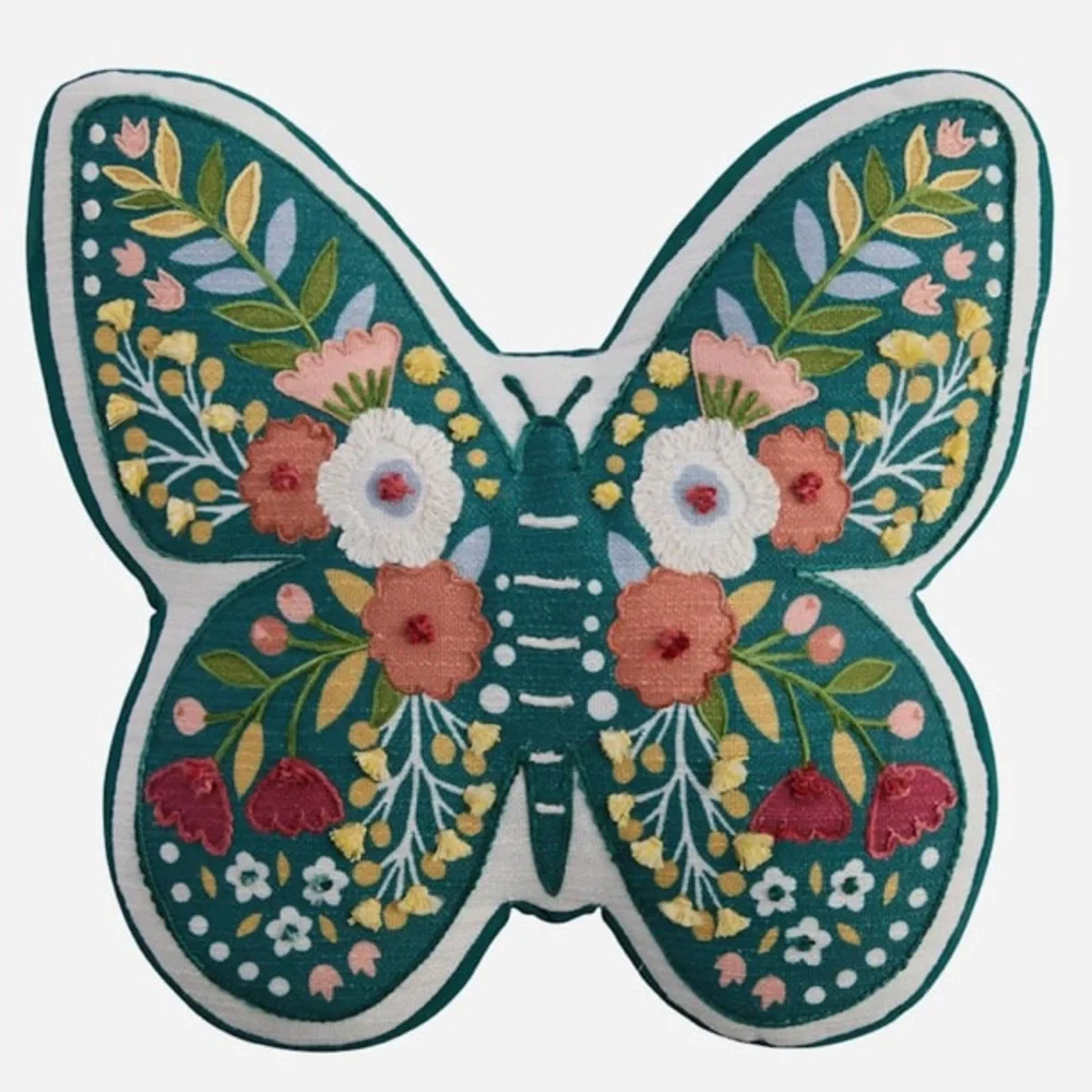 Floral Embroidered Accent Pillow Butterfly Shape 15 x 16 x 4 New With Tags Teal
